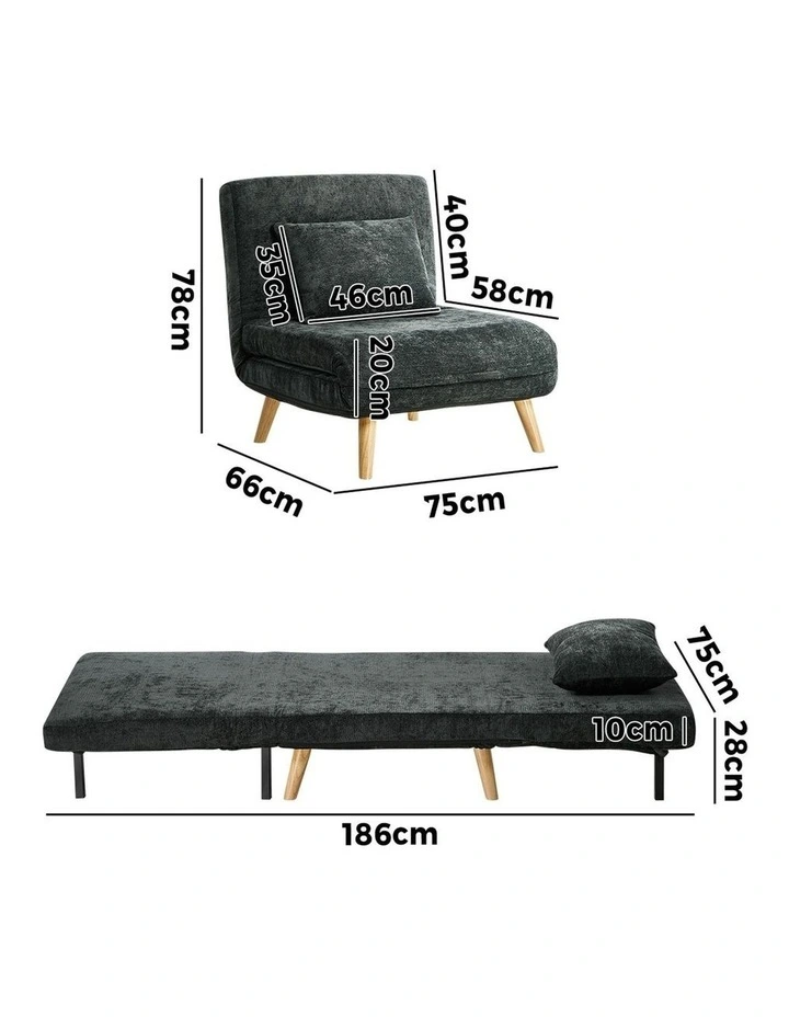 Oikiture Folding Sofa Bed Lounge Chair Chenille Recliner Single Seat Charcoal image 3