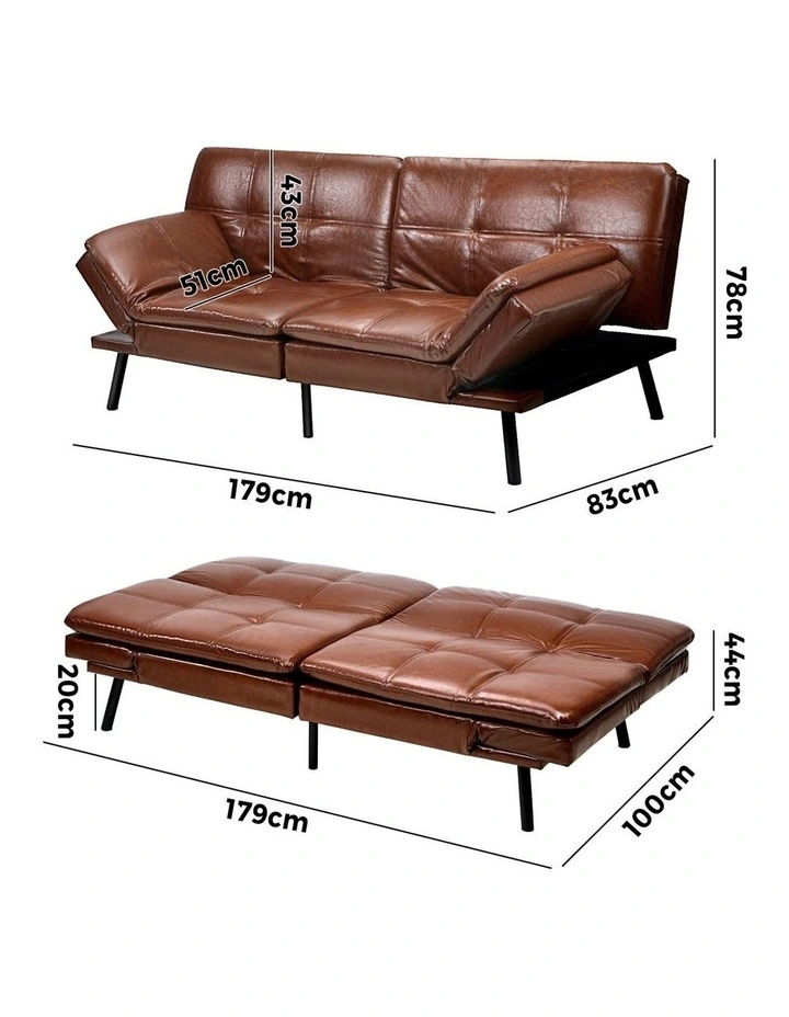 Oikiture Sofa Bed Futon Recliner Lounge Couch Convertible Leather 3-Seater Brown image 3