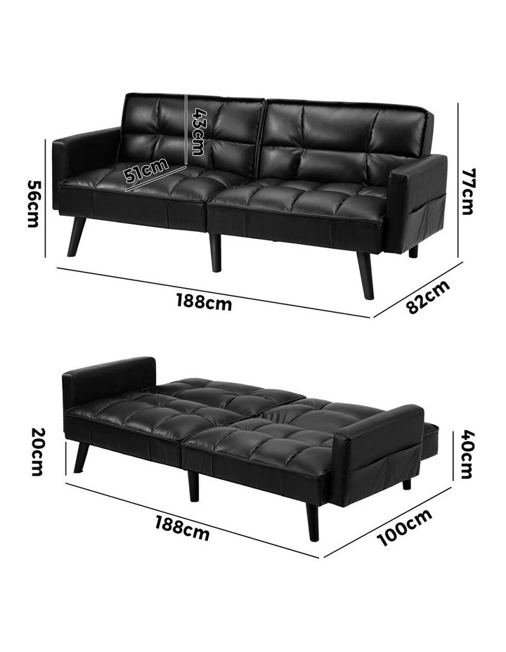 Oikiture Sofa Bed Futon Convertible Leather Lounge Couch 3-Seater Recliner Black image 3