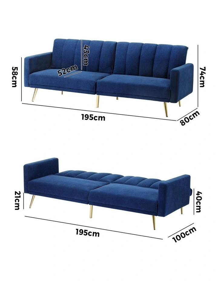 Oikiture Sofa Bed 3-Seater Recliner Convertible Lounge Couch Sofabed Velvet Blue image 3