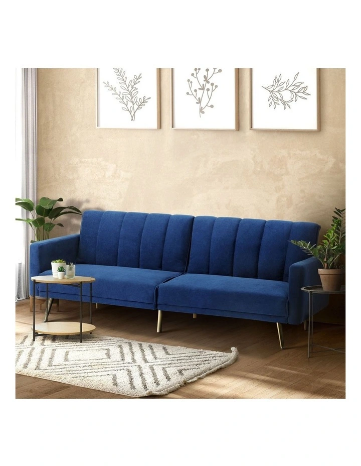 Oikiture Sofa Bed 3-Seater Recliner Convertible Lounge Couch Sofabed Velvet Blue image 4