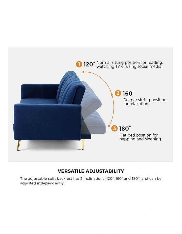 Oikiture Sofa Bed 3-Seater Recliner Convertible Lounge Couch Sofabed Velvet Blue image 6