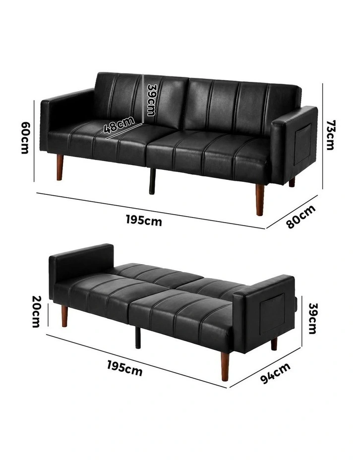Oikiture 3-Seater Sofa Bed Convertible Lounge Couch Recliner Faux Leather Black image 3