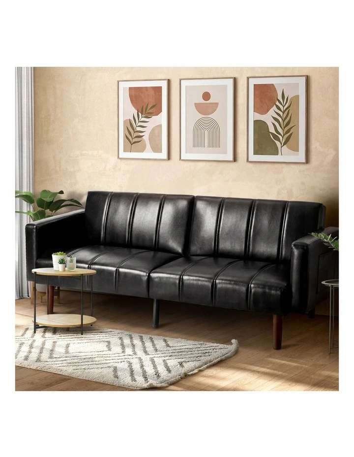 Oikiture 3-Seater Sofa Bed Convertible Lounge Couch Recliner Faux Leather Black image 4