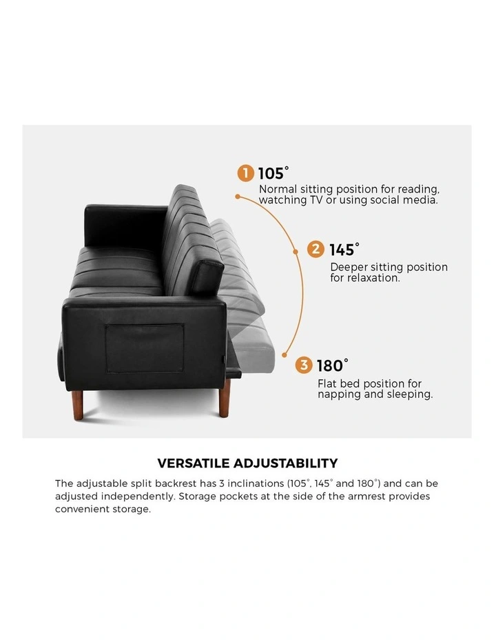 Oikiture 3-Seater Sofa Bed Convertible Lounge Couch Recliner Faux Leather Black image 6