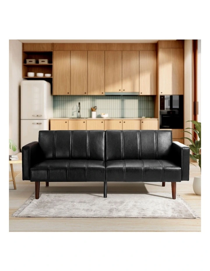 Oikiture 3-Seater Sofa Bed Convertible Lounge Couch Recliner Faux Leather Black image 7