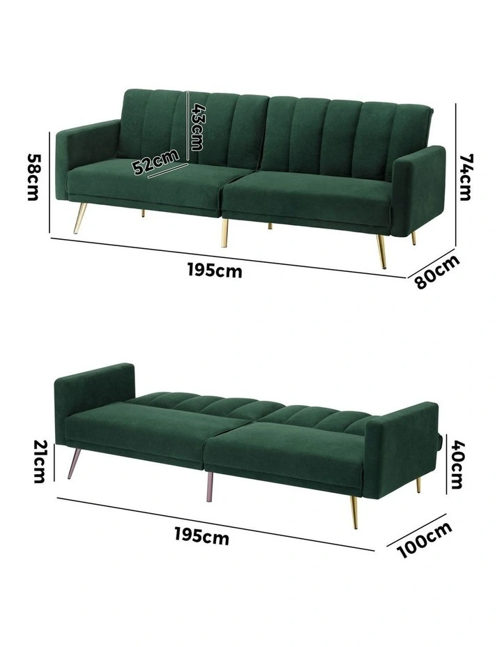 Oikiture 3 Seater Sofa Bed Couch Convertible Lounge Recliner Beds Velvet Green image 3