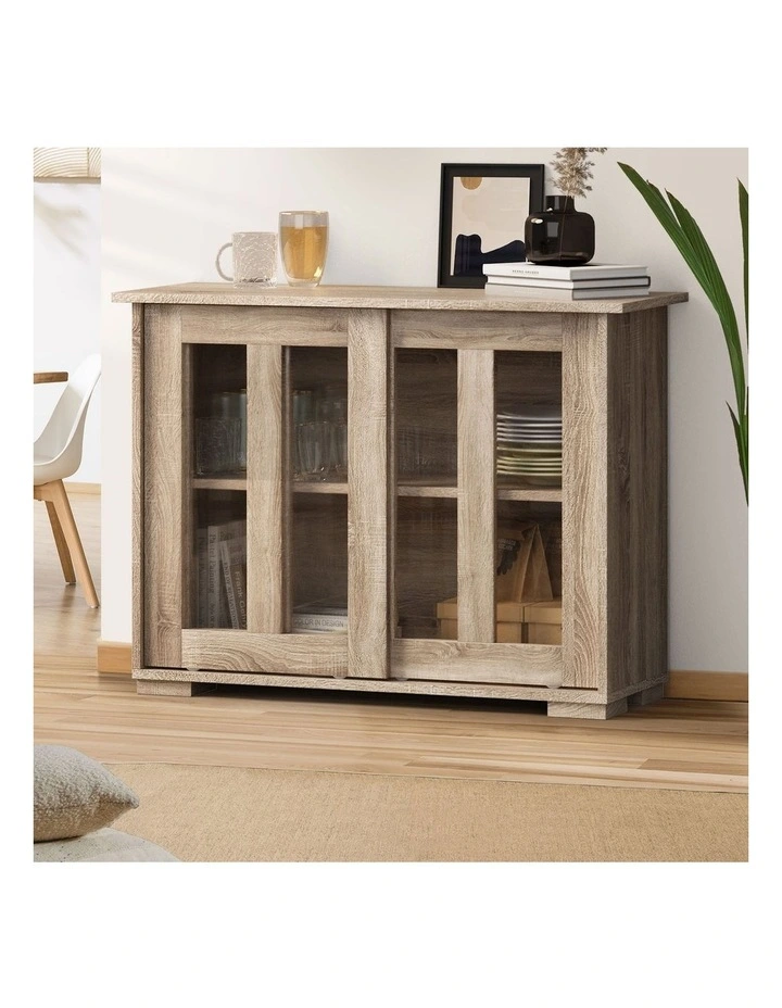 Oikiture Sideboard Buffet Cupboard Storage Cabinet Glass Sliding Door Natural image 4
