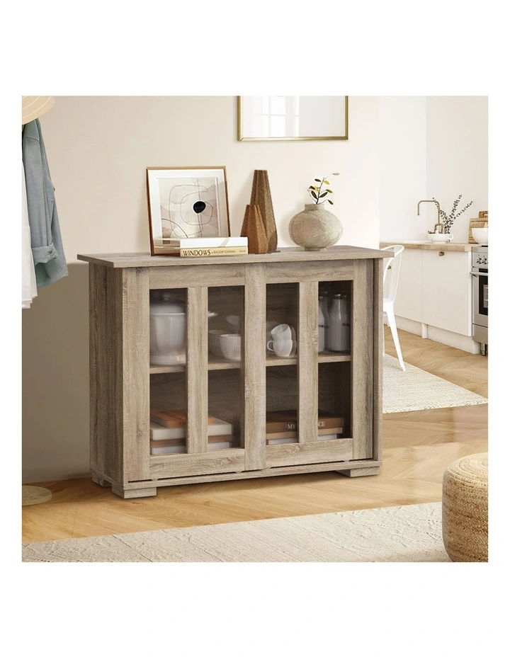 Oikiture Sideboard Buffet Cupboard Storage Cabinet Glass Sliding Door Natural image 5
