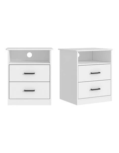 White 2 Drawer Bedside Table Set of 2 with Cable Hole - Foil-laminated Particleboard & MDF/White