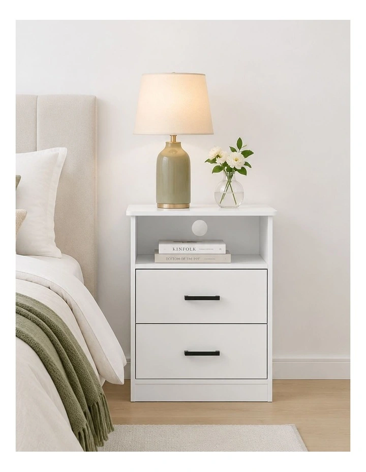 White 2 Drawer Bedside Table Set of 2 with Cable Hole - Foil-laminated Particleboard & MDF/White image 2