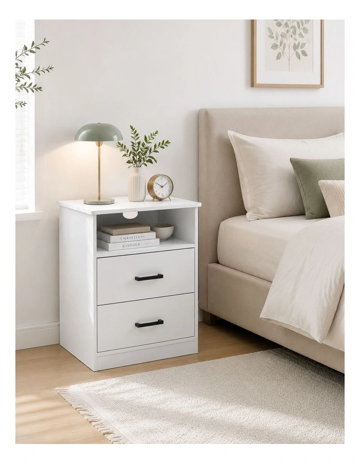 White 2 Drawer Bedside Table Set of 2 with Cable Hole - Foil-laminated Particleboard & MDF/White image 4