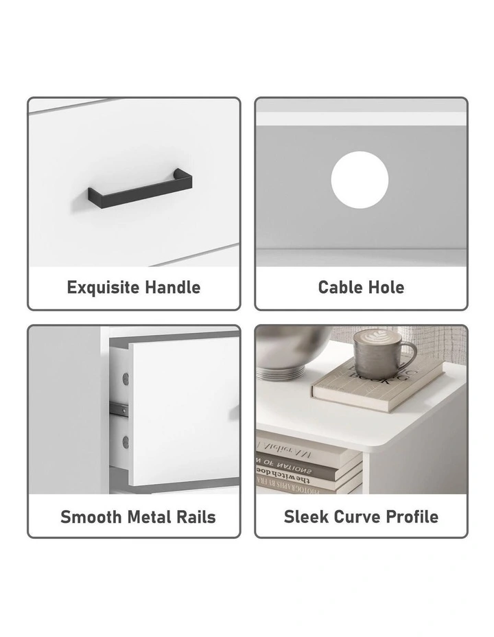 White 2 Drawer Bedside Table Set of 2 with Cable Hole - Foil-laminated Particleboard & MDF/White image 6