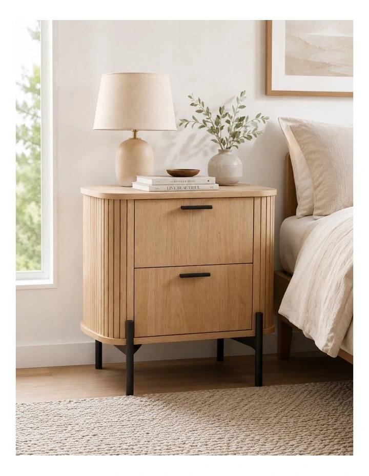 Fluted Bedside Table Set of 2 Modern Nightstand - Foil-laminated Particleboard & MDF/oak image 2