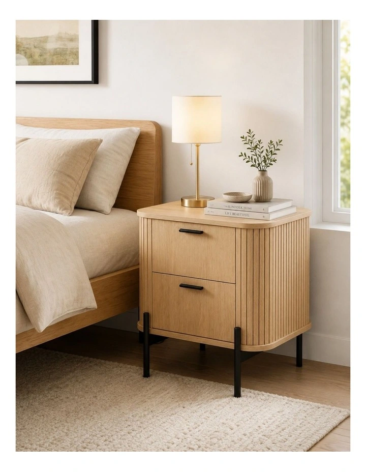 Fluted Bedside Table Set of 2 Modern Nightstand - Foil-laminated Particleboard & MDF/oak image 3
