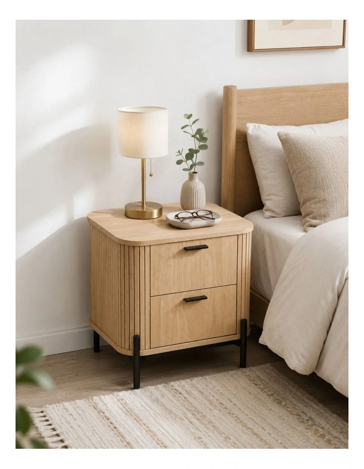 Fluted Bedside Table Set of 2 Modern Nightstand - Foil-laminated Particleboard & MDF/oak image 4