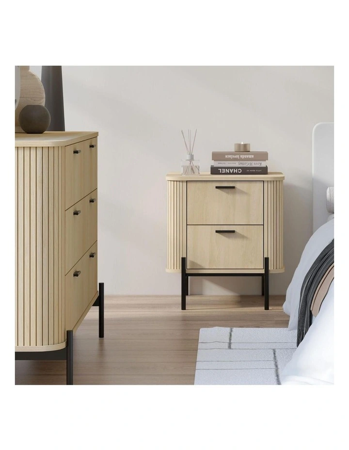 Fluted Bedside Table Set of 2 Modern Nightstand - Foil-laminated Particleboard & MDF/oak image 7