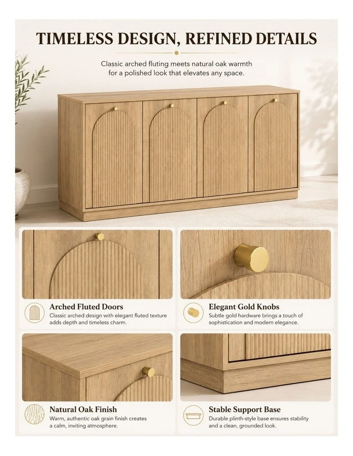 Modern Natural Oak Buffet Sideboard Cabinet with Arched Doors image 5