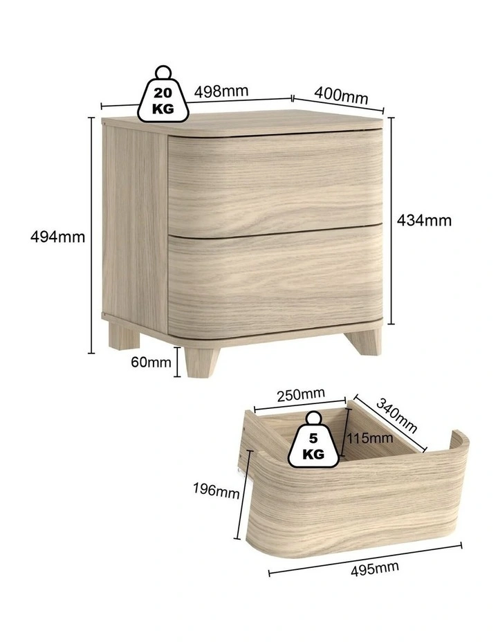 ARDEN Natural Oak 2 Drawer Bedside table Set of 2 - Foil-laminated Particleboard & MDF image 6