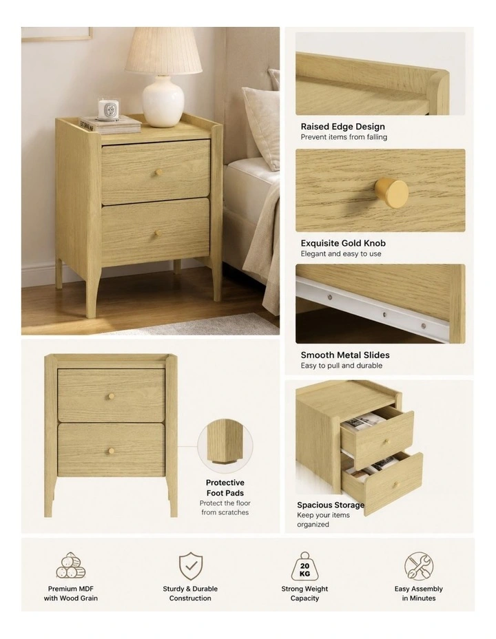 Light Oak Bedside Table with Gallery Top Set of 2 - Foil-laminated Particleboard & MDF/oak image 5
