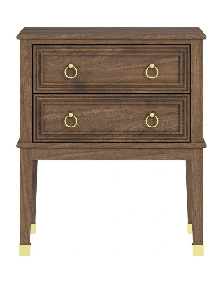 Vintage Walnut 2-Drawer Bedside Table with Gold Ring Pulls image 1
