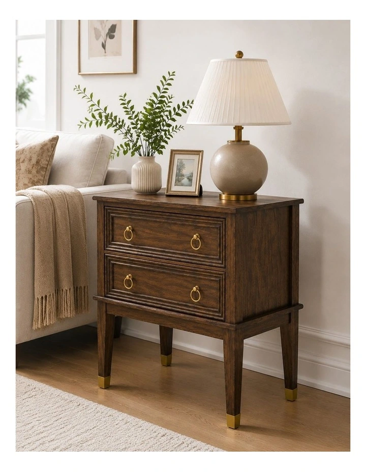 Vintage Walnut 2-Drawer Bedside Table with Gold Ring Pulls image 2