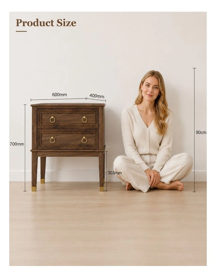 Vintage Walnut 2-Drawer Bedside Table with Gold Ring Pulls image 5