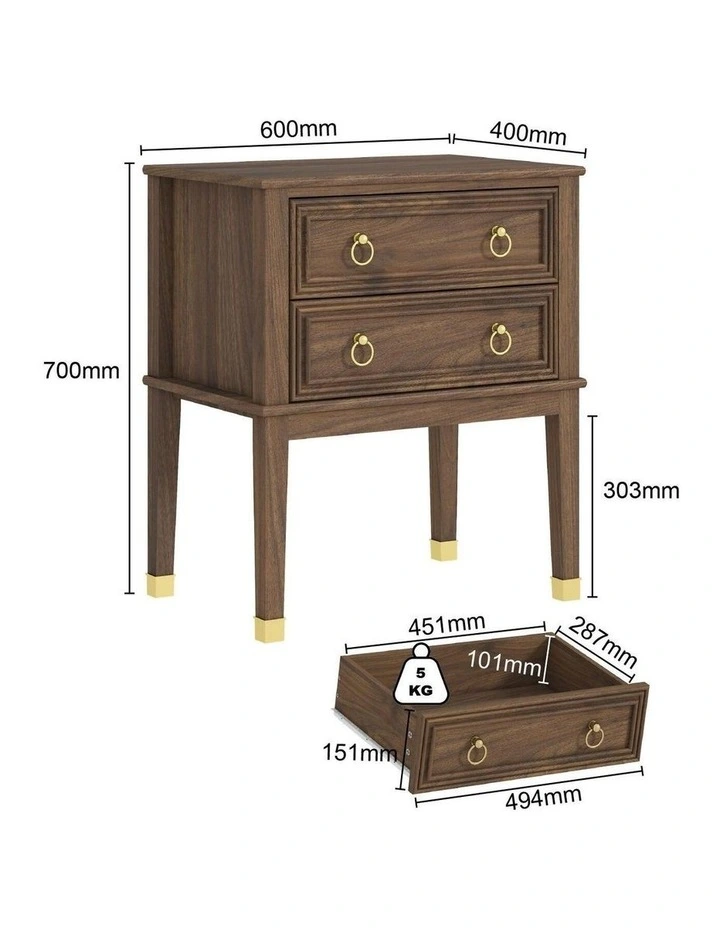 Vintage Walnut 2-Drawer Bedside Table with Gold Ring Pulls image 7