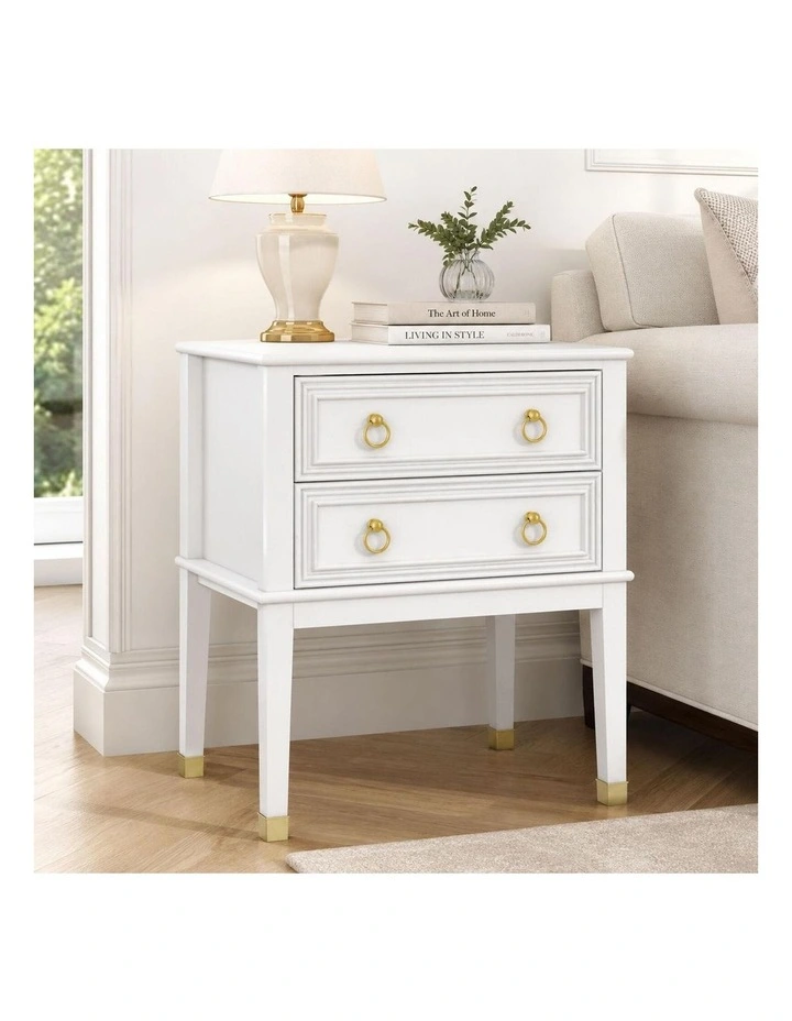 White 2-Drawer Bedside Table Vintage Timber End Side Cabinet image 2
