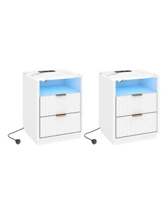 White Bedside Table Set of 2 with USB Charging Station - Foil-laminated Particleboard & MDF
