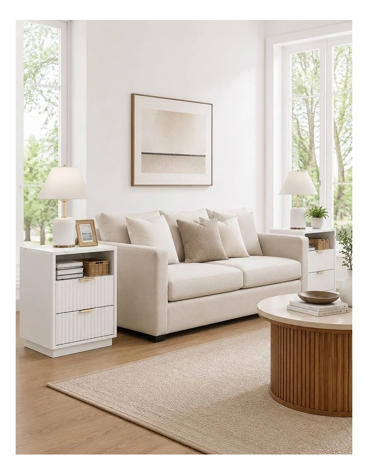 White Bedside Table Set of 2 with USB Charging Station - Foil-laminated Particleboard & MDF image 2