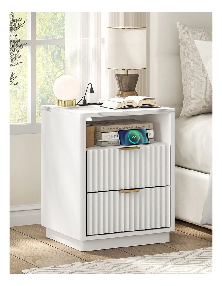White Bedside Table Set of 2 with USB Charging Station - Foil-laminated Particleboard & MDF image 3