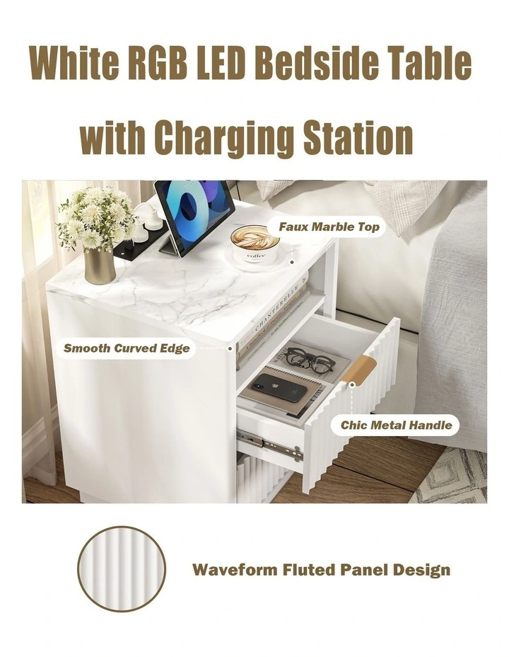 White Bedside Table Set of 2 with USB Charging Station - Foil-laminated Particleboard & MDF image 4