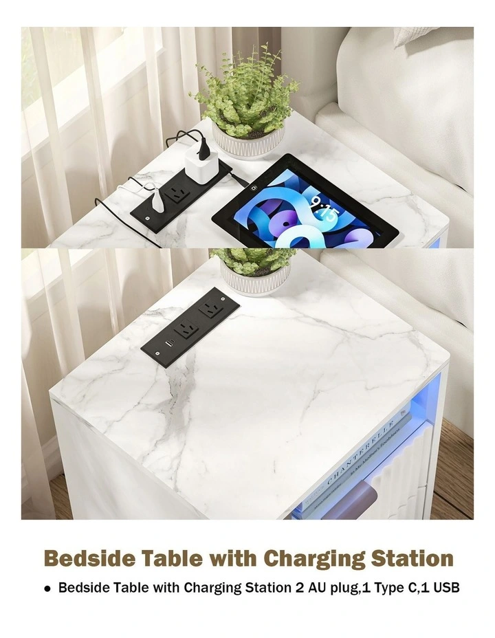 White Bedside Table Set of 2 with USB Charging Station - Foil-laminated Particleboard & MDF image 5