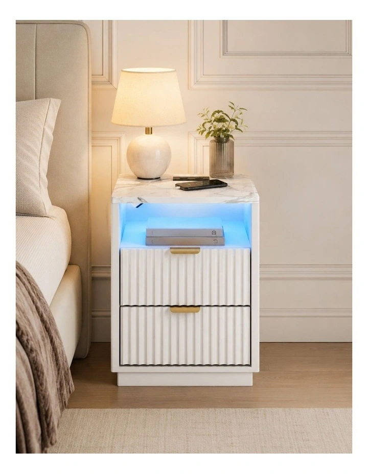 White Bedside Table Set of 2 with USB Charging Station - Foil-laminated Particleboard & MDF image 6