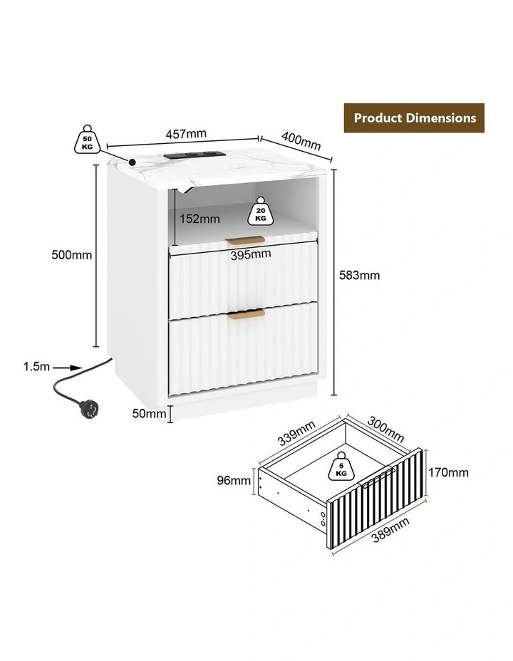 White Bedside Table Set of 2 with USB Charging Station - Foil-laminated Particleboard & MDF image 7