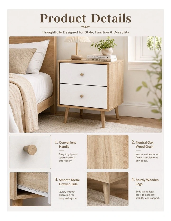 Adriana Bedside Table Set of 2 Elegant Nightstand - Foil-laminated Particleboard & MDF image 4