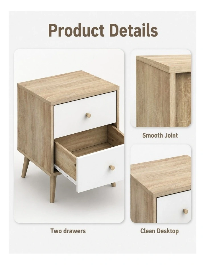 Adriana Bedside Table Set of 2 Elegant Nightstand - Foil-laminated Particleboard & MDF image 5