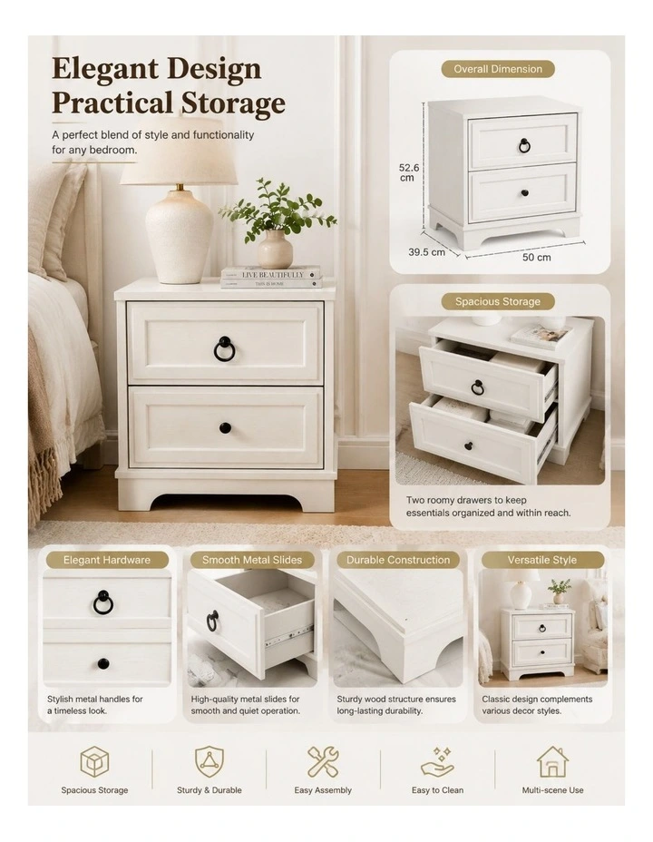 CABOT White 2 Drawer Bedside Table Set of 2- Foil-laminated Particleboard & MDF/White image 2
