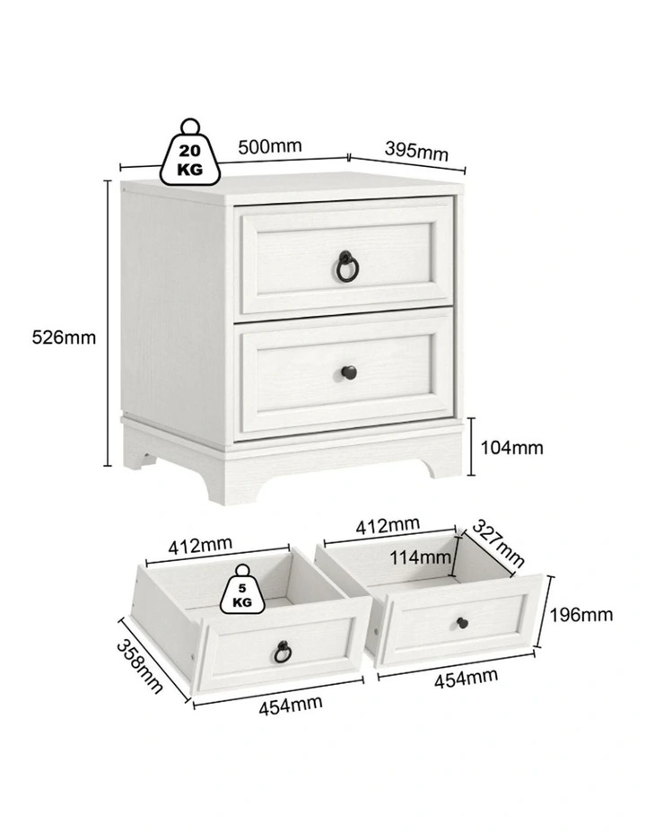 CABOT White 2 Drawer Bedside Table Set of 2- Foil-laminated Particleboard & MDF/White image 5