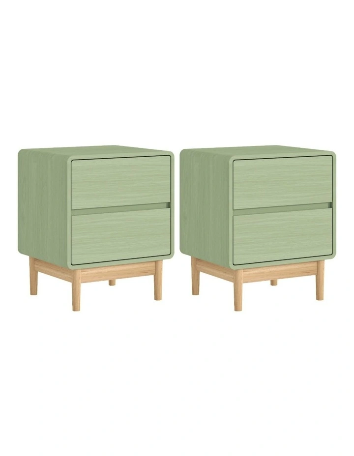 Green Bedside Tables Set of 2 Tables 2 Drawer Nightstand - Foil-laminated Particleboard & MDF image 1