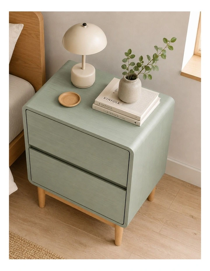 Green Bedside Tables Set of 2 Tables 2 Drawer Nightstand - Foil-laminated Particleboard & MDF image 2