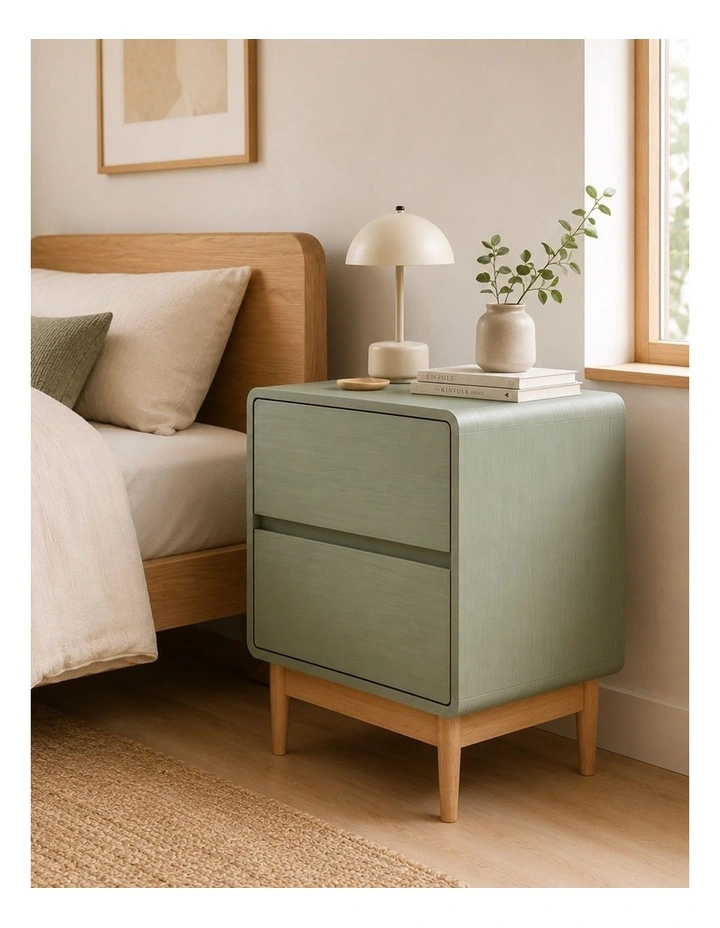 Green Bedside Tables Set of 2 Tables 2 Drawer Nightstand - Foil-laminated Particleboard & MDF image 3