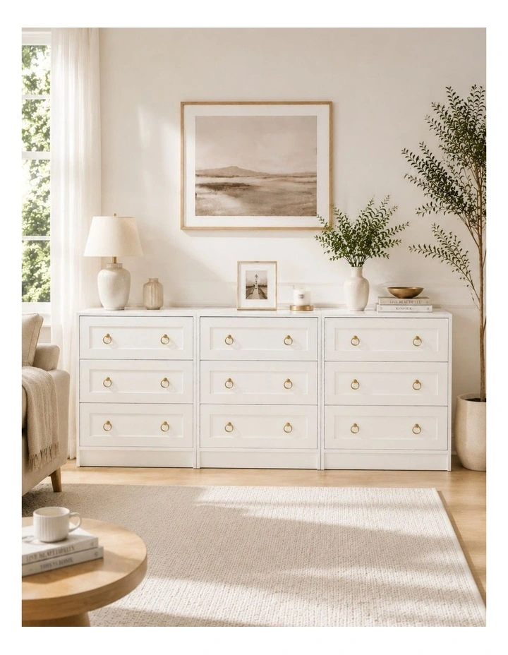 White Modern 9 Drawer Bedside Table Chest of Drawers Set of 3 image 2