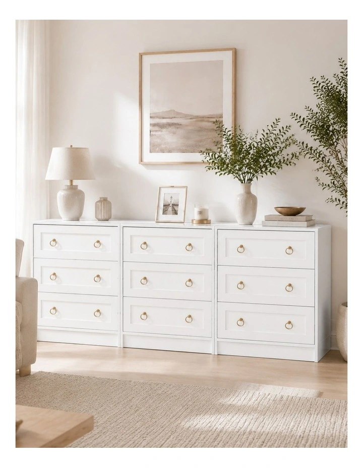 White Modern 9 Drawer Bedside Table Chest of Drawers Set of 3 image 3