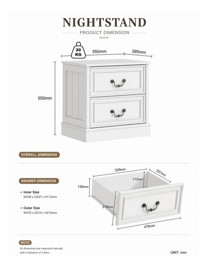 Hampton Vintage Bedside Table Set of 2 - Foil-laminated Particleboard & MDF/White image 6