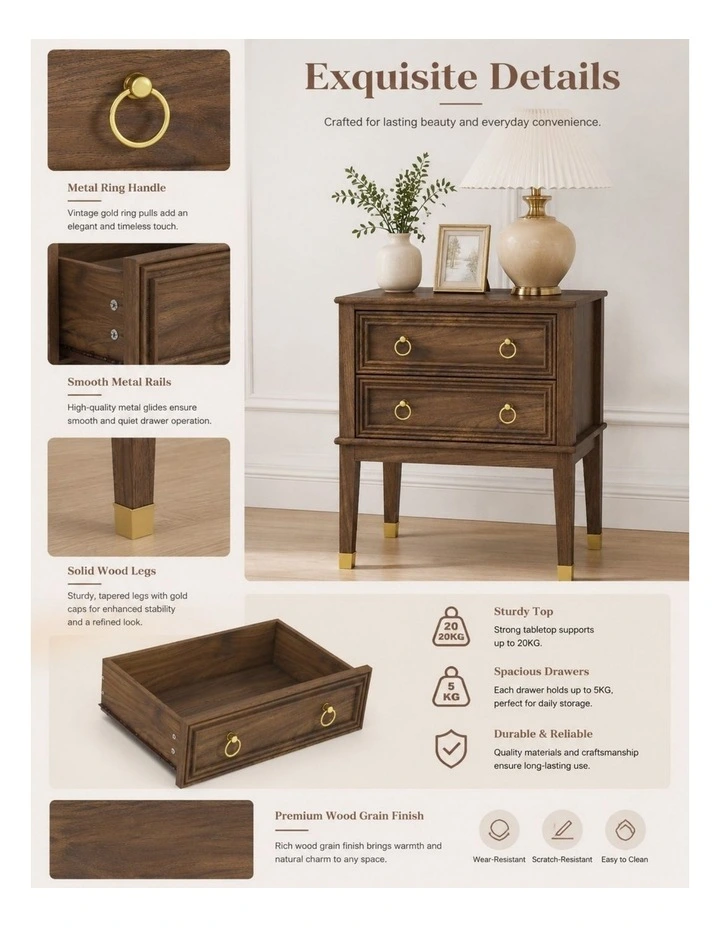 Walnut 2-Drawer Bedside Table Set of 2 Vintage Side Table image 4