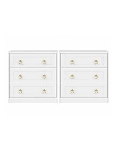 White Modern 3 Drawers Bedside Table Set of 2 with Gold Ring Handles