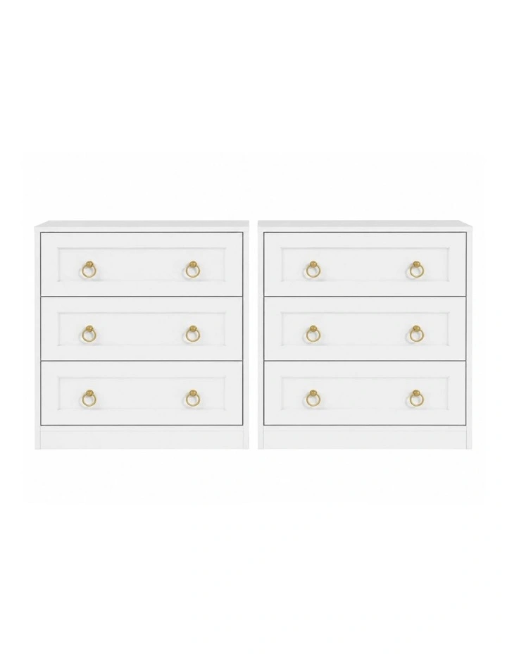 White Modern 3 Drawers Bedside Table Set of 2 with Gold Ring Handles image 1