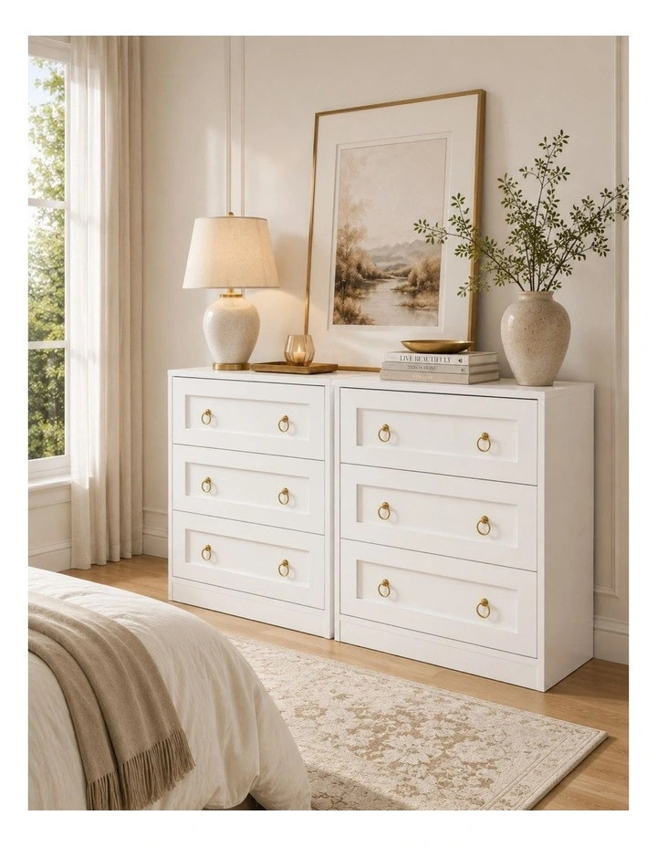 White Modern 3 Drawers Bedside Table Set of 2 with Gold Ring Handles image 2